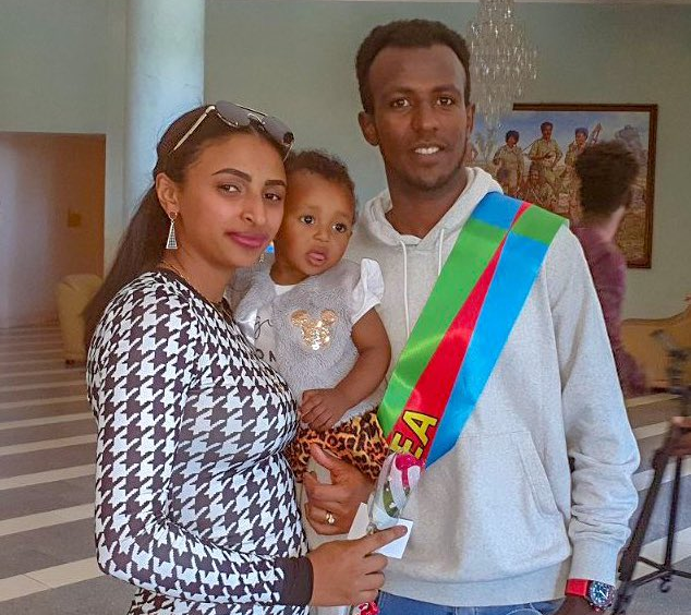 First family reunion in three months for Biniam Girmay, his wife Saliem and daughter Leila