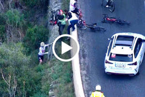 VIDEO: Mattias Skjelmose flies over wall into ravine at Volta a Catalunya