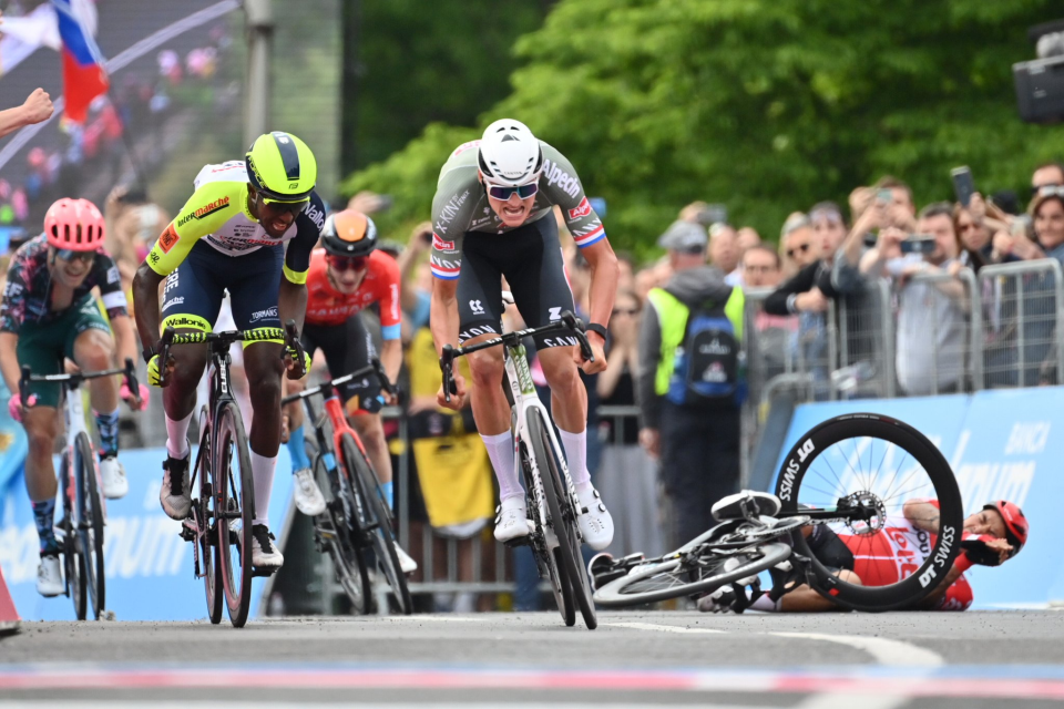 Biniam Girmay second as Caleb Ewan crashed behind