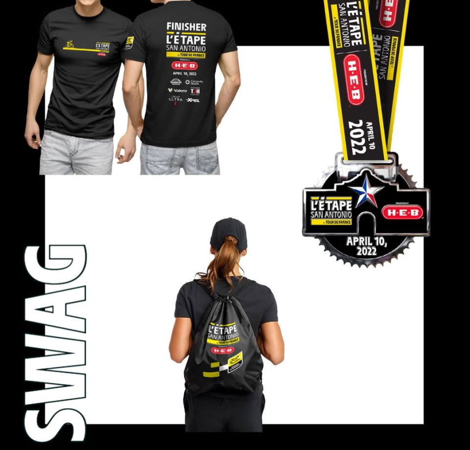 With your registration into L'Étape San Antonio, you'll get a finisher medal, finisher t-shirt, bag, water bottle, and more!