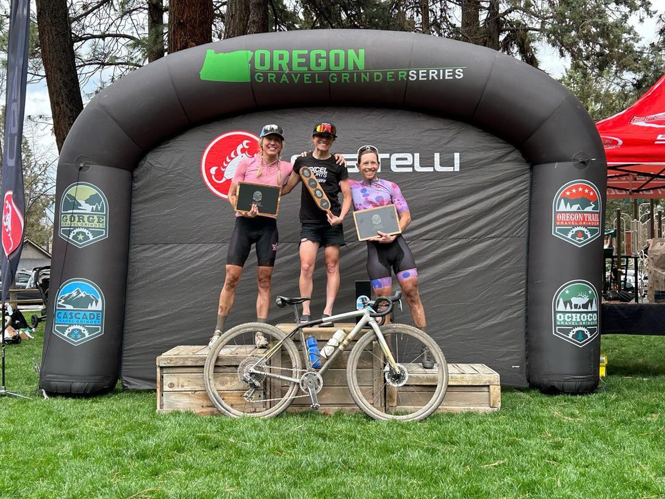 2023 Cascade Gravel Grinder Womens Podium (LTR: Sarah Max 2nd, Flavia Oliveira Parks 1st and Serena Gordon 3rd.