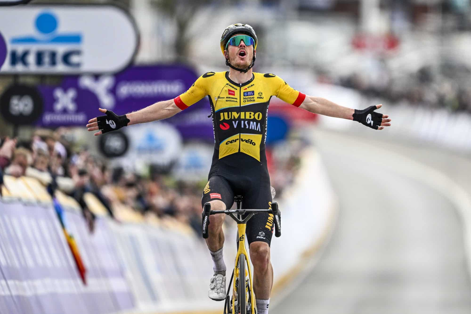 Dutch Jumbo Visma rider, Dylan Van Baarle attacks to win Omloop Het Nieuwsblad