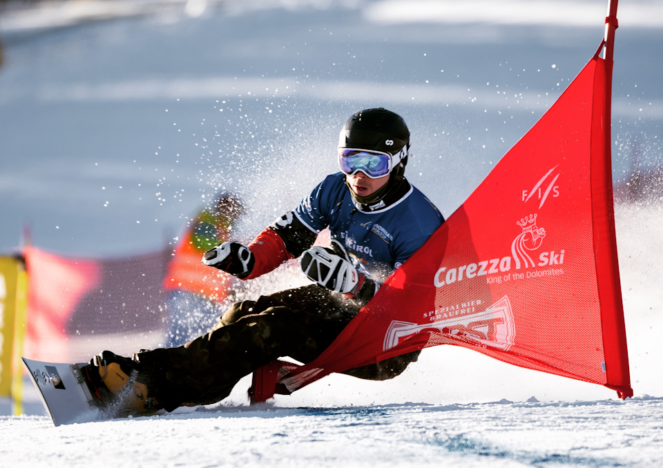 Darren in action at the FIS Snowboard World Cup, Italy