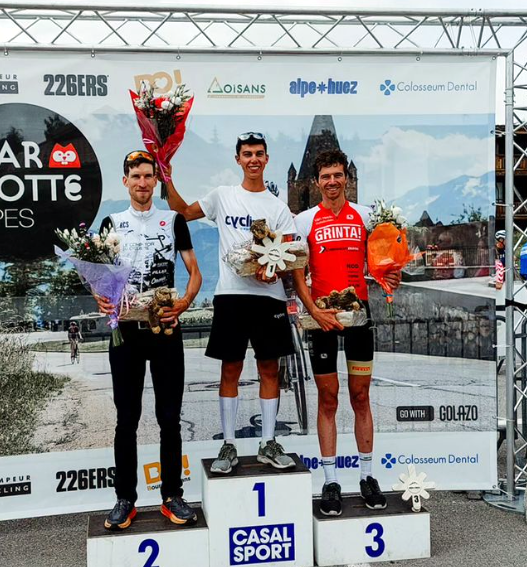 2024 Men's Podium L-R Frenchman Loïc Ruffaut 2nd, Italian Giuseppe Orlando (Cycling Explorers) 1st, Belgian Tim Alleman (Grinta Magazine) 3rd