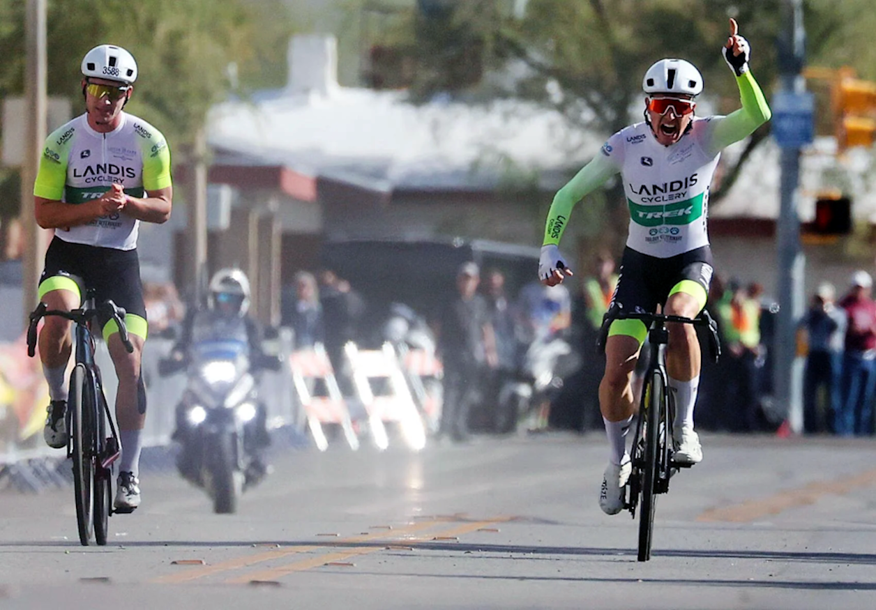 Stephen Schaefer of Landis Cyclery/Trek rode to victory in 3:39:42, giving a thumbs-up as he crossed the finish. 