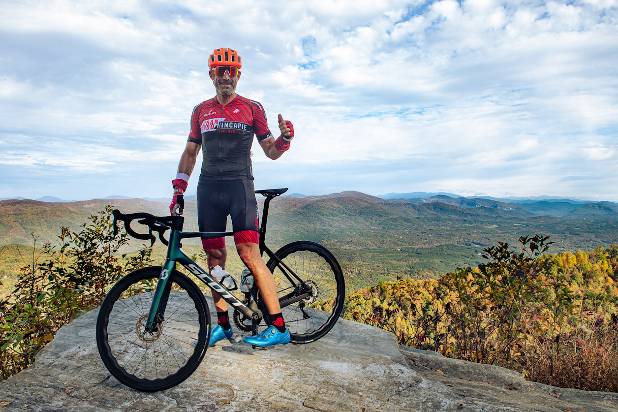 Photo: George Hincapie at the top the famous view from Skyuka Mountain, NC