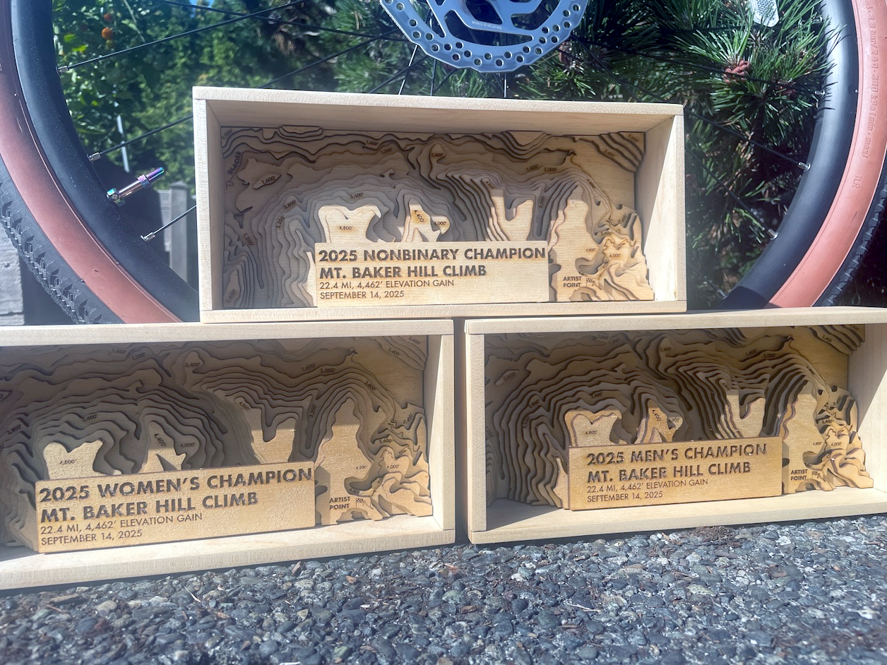 Overall custom awards, featuring a mini topo map the entire 22.4 mile, 4,462’ elevation route