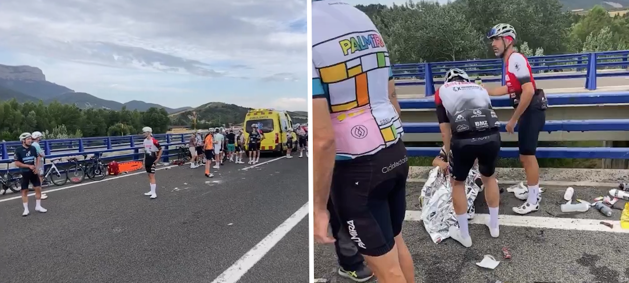 One rider suffered a broken collarbone; many others were covered in deep road rash and cuts. 