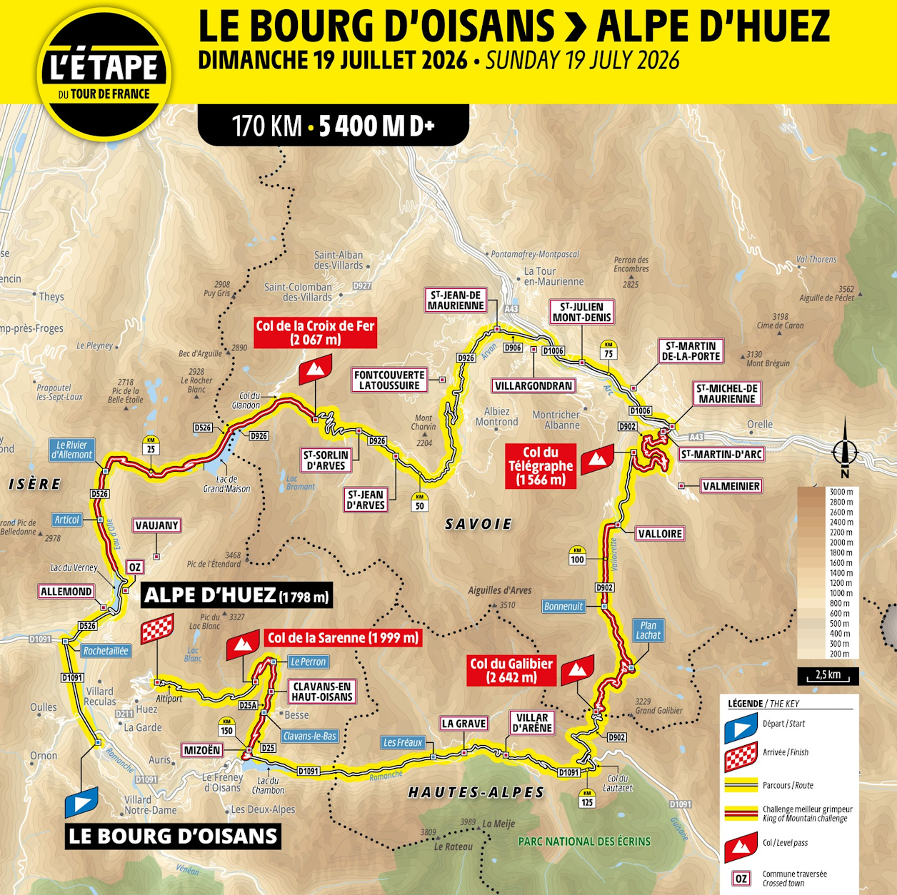 The 2026 Étape du Tour will replicate Stage 20 of the Tour de France: a brutal 170 km route from Le Bourg-d’Oisans to Alpe d’Huez, with 5,400 meters of climbing