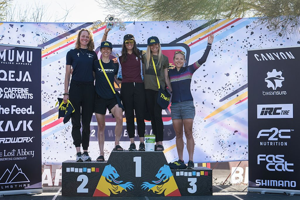 2024 BWR Arizona women's podium:  Geerike Schreurs 4th, Haley Smith 2nd,  Sofia Gomez Villafane 1st, Alexis Skarda 3rd, Jenna Rinehart 5th