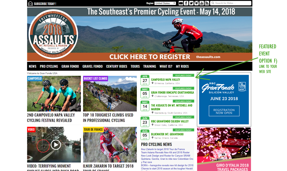 List your event on the granfondoguide.com front page and get premium visibility on the events calendar too!