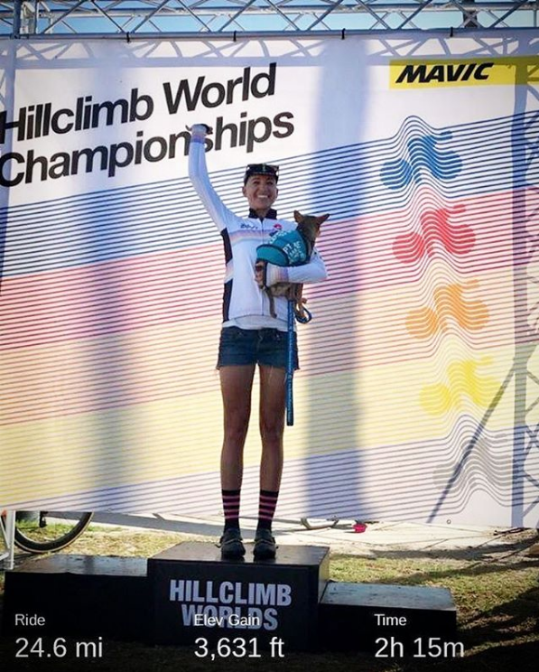 Winners, like Lorraine Kuemerle who won the fixed-gear were rewarded with a cuddle with Ben the podium puppy from the Santa Barbara Humane Society