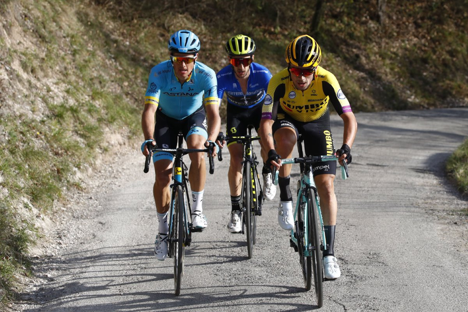 The three riders are fighting for victory in the race across Italy which finishes on Tuesday.