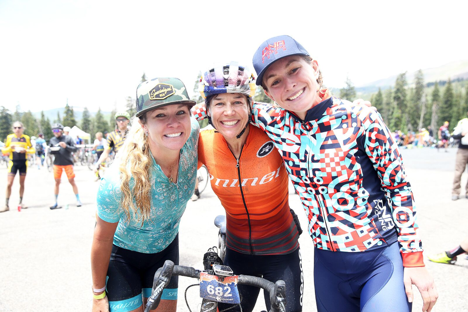 Photo: (L to R) Alison Tetrick, Rebecca Rusch, Lauren De Crescenzo. 2018 Crusher finish line with some incredible bike riders.
