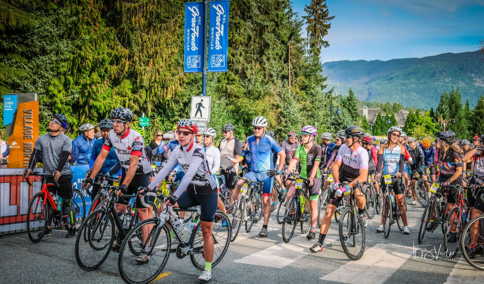 Riders line up for the Medio Fondo in Whistler. Photo Credit: TLB Photography.
