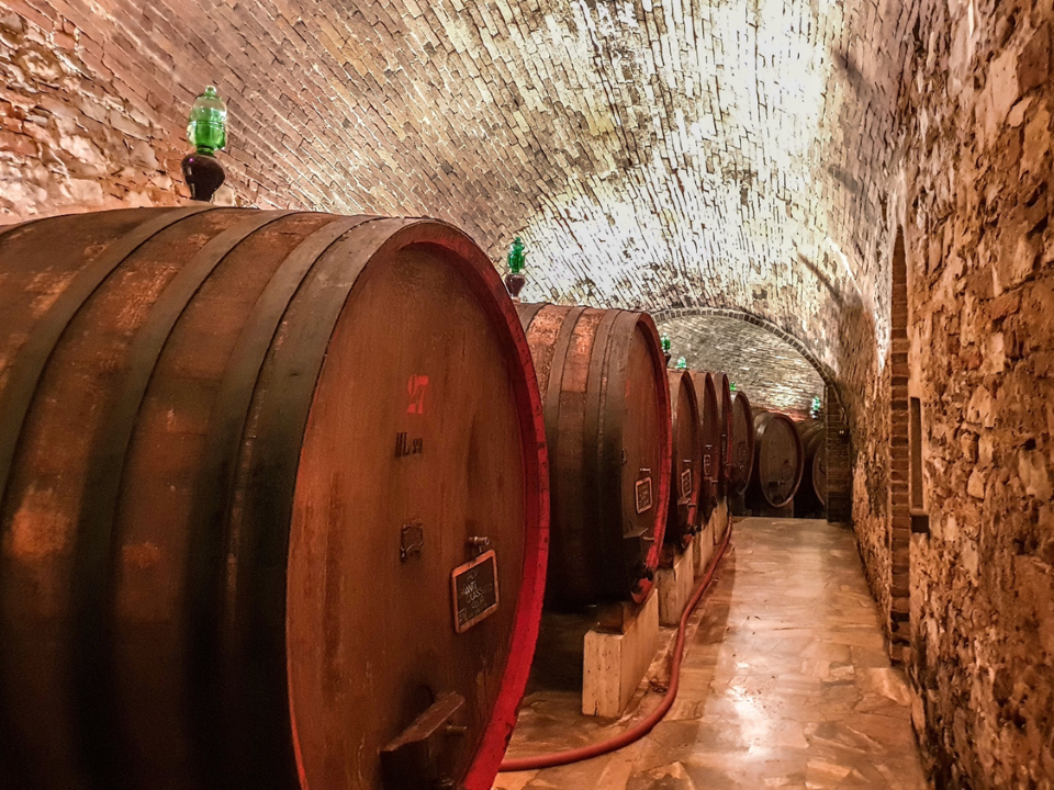 Wine ageing in 100 hundred year old French oak barrels in the Italian winery.