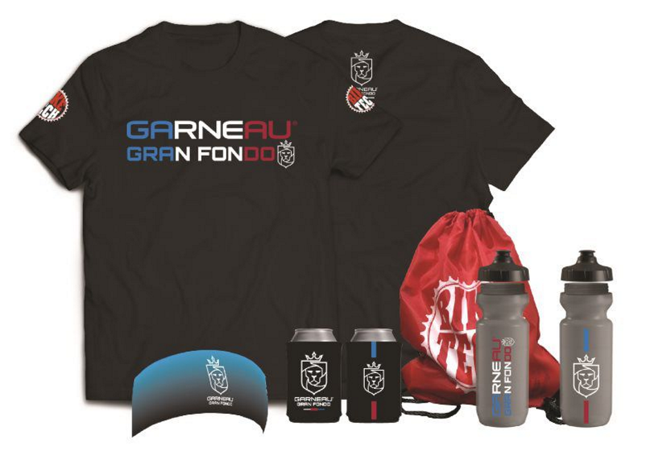 Registration includes a limited edition Garneau Gran Fondo T-shirt, head band, koozy, water bottle, finishers medal as well as a drawstring goodie bag!