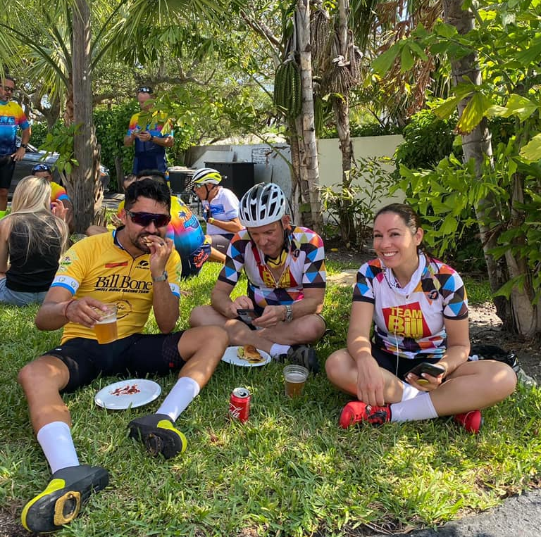 Riders from Team Bill Bone Law enjoy their gourmet burgers, and cold beer!