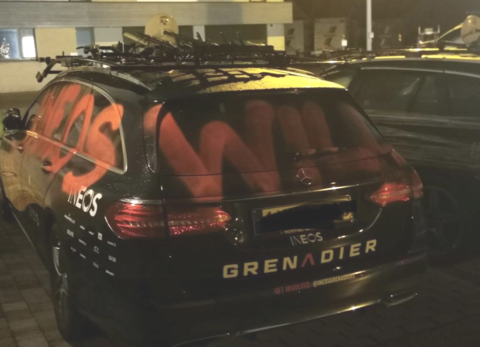 Some vehicles were vandalized with the words “Ineos will fall.”
