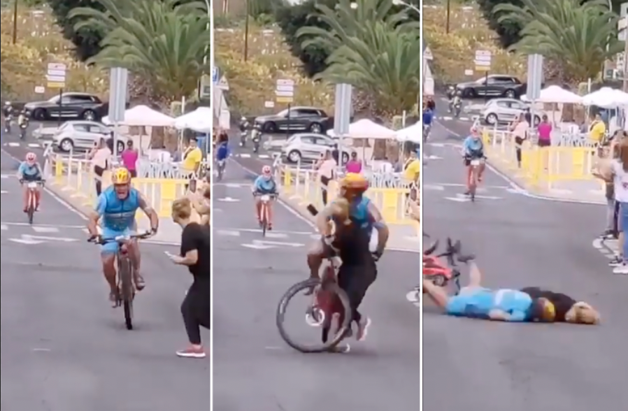 VIDEO: Oblivious iPhone Spectator Wiped Out in Scary caught-on-camera Cycling Crash