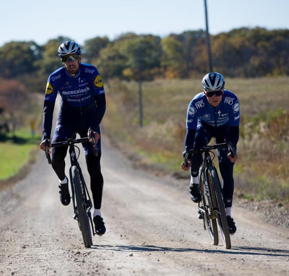 Mattia Cattaneo and teammate Remco Evenepoel at the Belgian Waffle Ride Kansas (Image credit: Deceuninck-Quick Step)