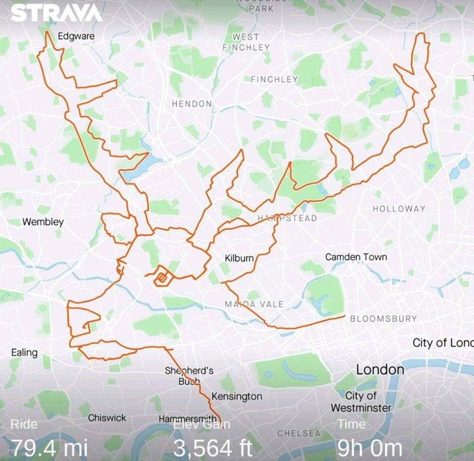 Cyclist Spends 9 Hours Pedaling Around London Creating Strava Reindeer