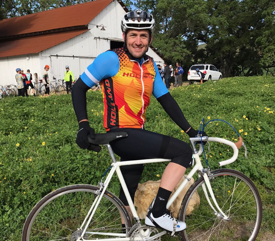 Cody and his fully restored bike, left to him by cycling legend Gordy Shields, and restored by Rob Roberson and Joe Bell