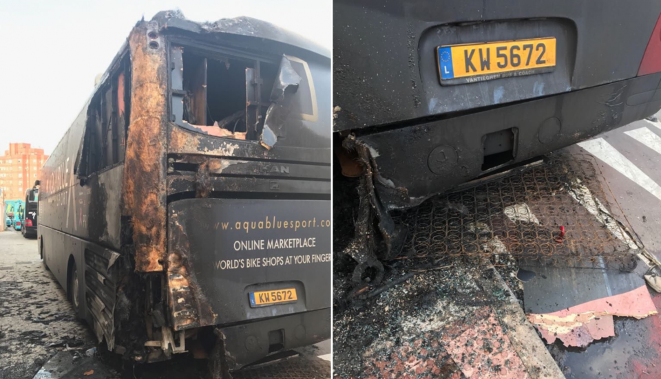 Aqua Blue Sports Team Bus was totally destroyed in the Arson attack last week. The manic is now behind bars.