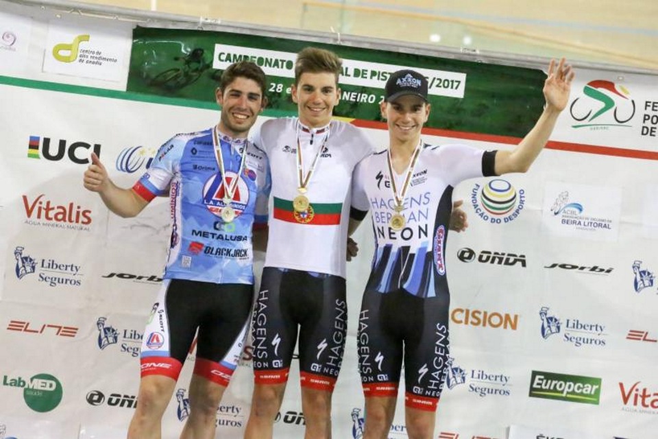 The omnium podium at Portuguese nationals featured Axeon Hagens Berman's Ivo Oliveira and his gold medal (center) and his twin brother, Rui (right), who took home bronze. (Federação Portuguesa de Ciclismohoto photo)
