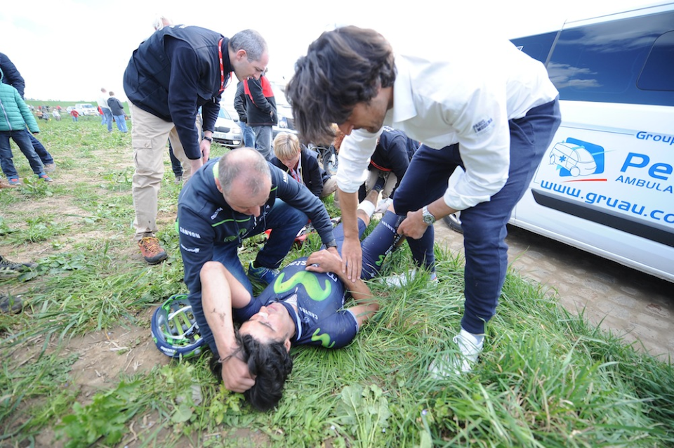 Movistar rider Fran Ventoso´s crash in this year´s Paris-Roubaix Classic, wherein the Spanish rider claimed he was severely cut by a disc brake rotor.