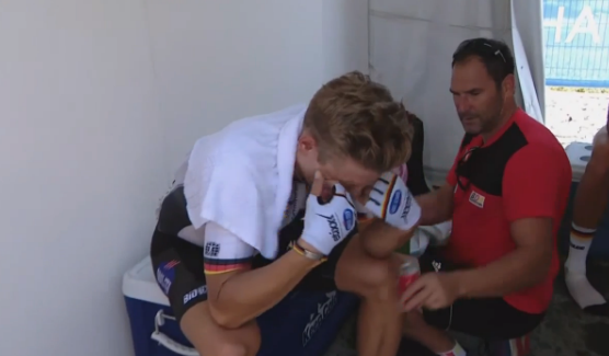 Marcel Kittel in tears as he's pulled out of the race
