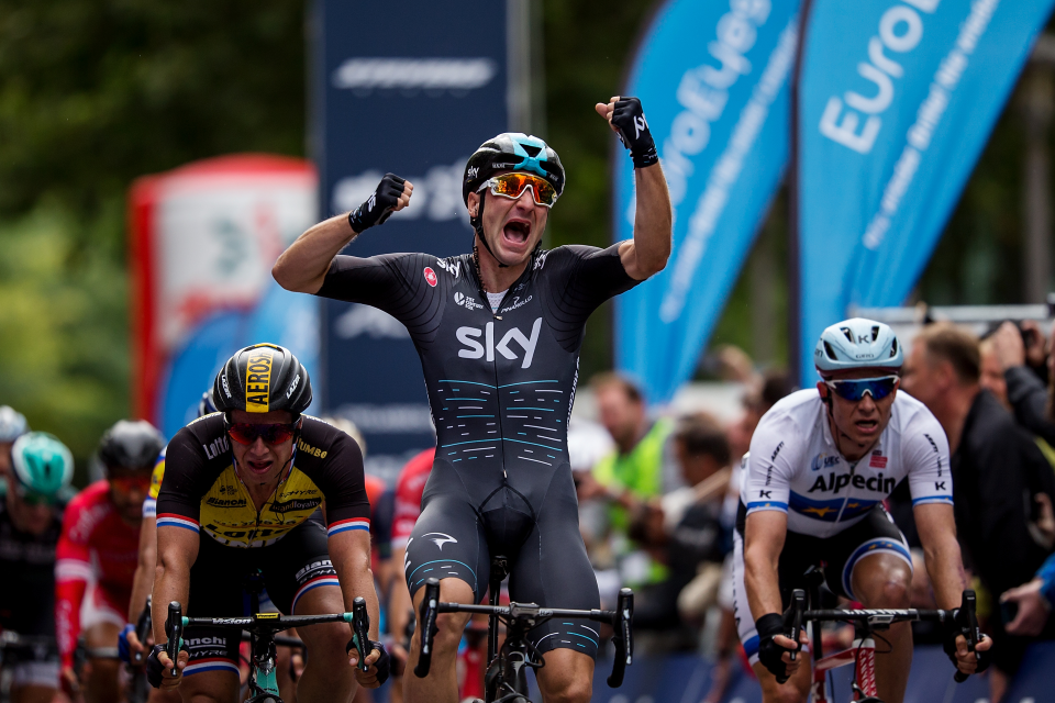 Photo: WINNER. Elia Viviani after crossing the finish line. © Getty Images for VELOTHON 