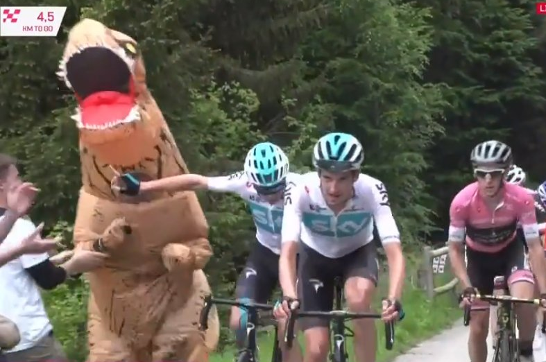 Earlier on the climb, Froome was seen wresting a dinosaur at the side of the road!