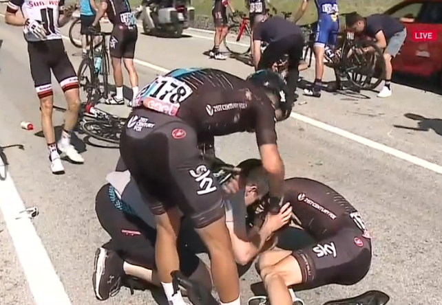 Team Sky wiped out by a motorbike crash. Thomas, Landa and Adam Yates lose over four minutes, their GC ambitions effectively over