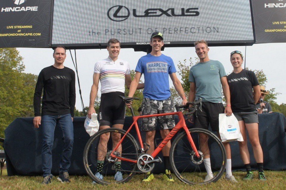 Congrats to Brendan Housler (middle) for winning the mens Gran Fondo and a Canyon Bike