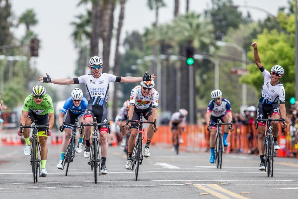 Photo: Axeon Hagens Berman's Michael Rice got the win Sunday at the San Dimas Stage Race criterium while teammate Christopher Blevins also got in on the celebration. (Photo by Danny Munson.)