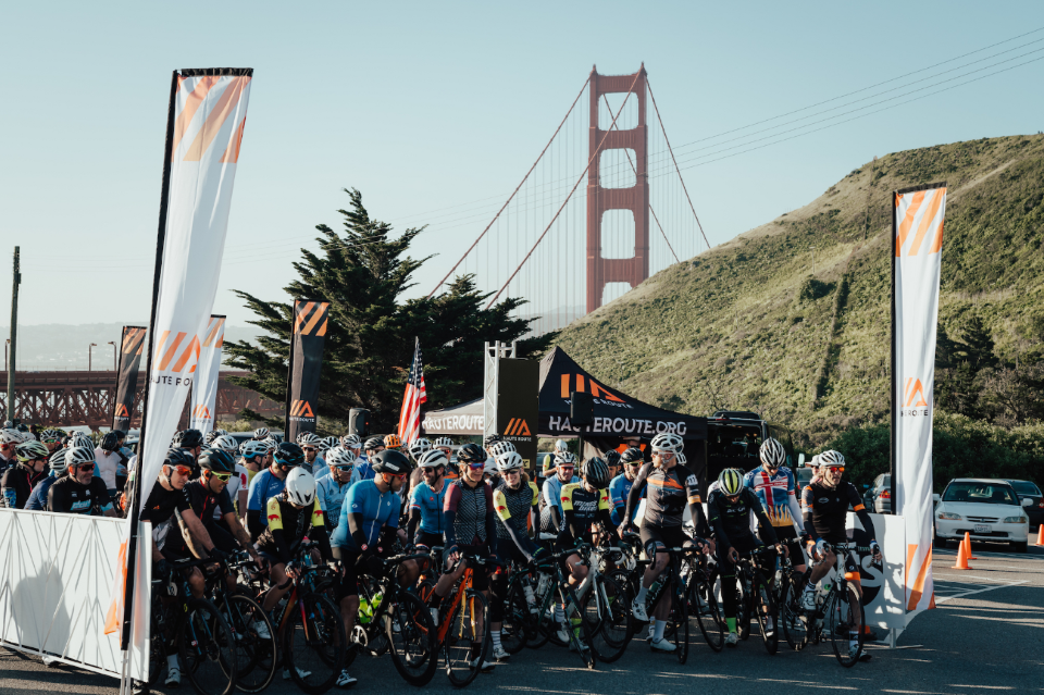 The day began under the iconic Golden Gate Bridge as riders gathered near the Presidio in the early morning light for the second stage of Haute Route San Francisco