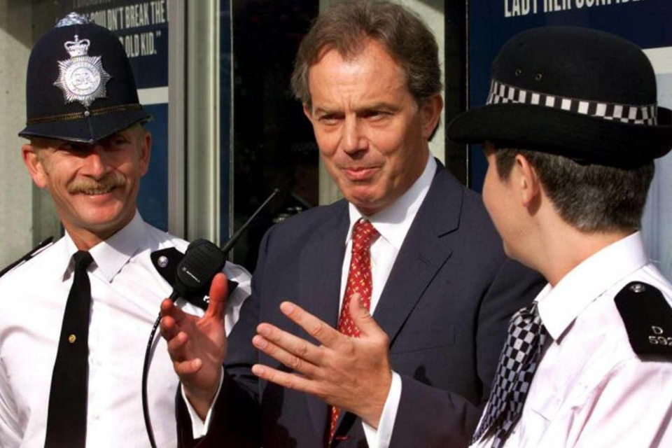On call: Ian Bashford (L) in front of then Prime Minister Tony Blair, Acting Commisioner Ian Blair Lord Harris, Chair of the Metropolitan Police Authority in 2000 (AFP)