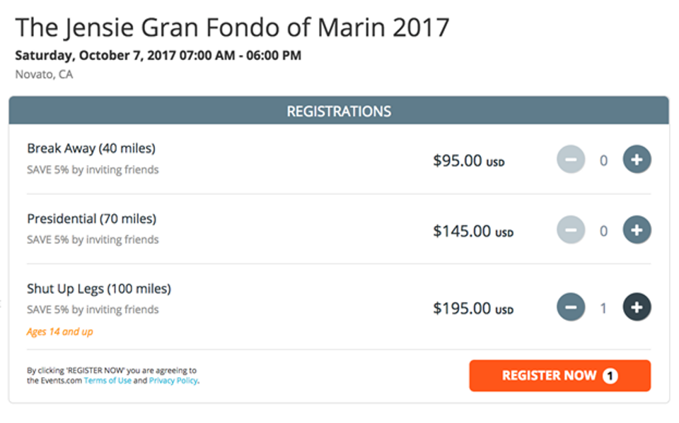 After selecting the route of your choice on the Jensie Gran Fondo registration website and clicking “REGISTER NOW,” you will be directed to the page where you input your information and have options to buy some sweet merchandise and donate to the Marin County Bicycle Coalition.