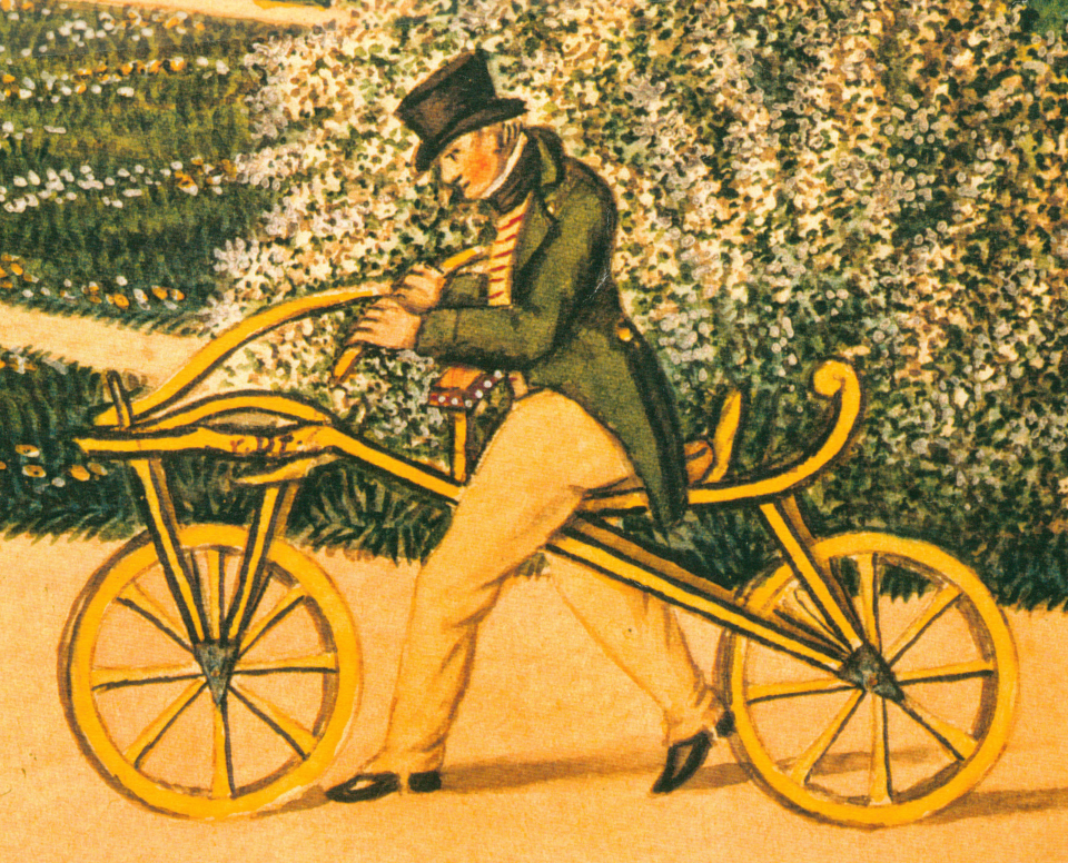 On June 12, 1817 – 200 years ago – Karl Von Drais fist rode his pedal-less, two-wheeled Draisine in what is now Mannheim, Germany