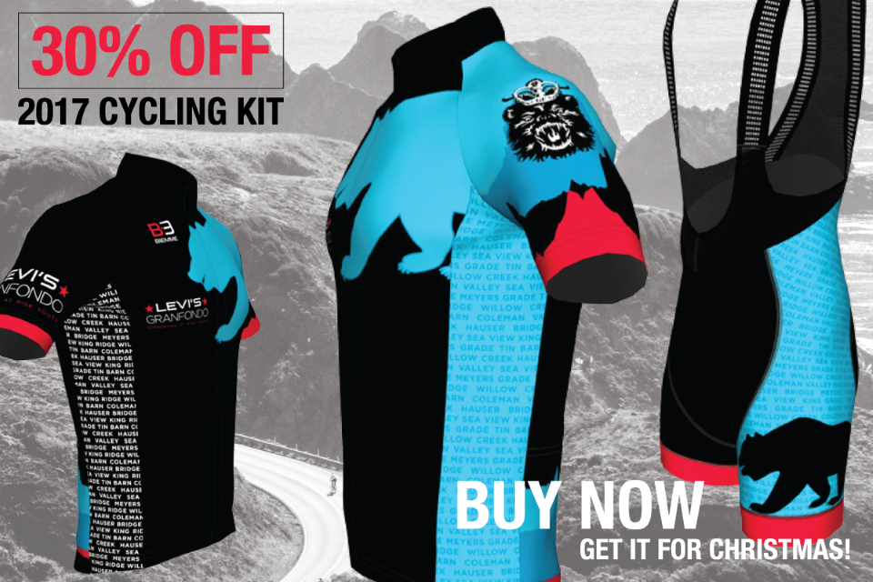 For a limited time take 30% off our 2017 cycling kit when you add it to your registration of any of our legendary routes.  Orders received before December 12 will be delivered in time for Christmas
