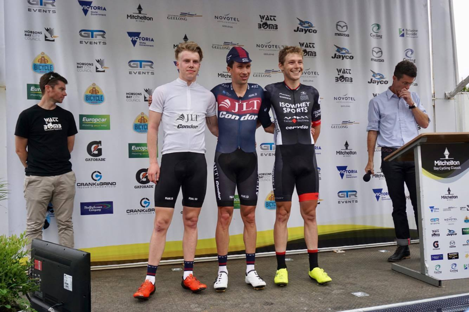 ((L-R) Matthew Gibson, Ian Bibby and Matthew Gibson on the podium after stage 1