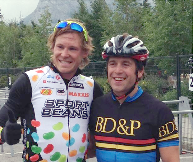 ic Hamilton (Team Jelly Belly) and Trev Wiliams cross the line together in the third annual RBC GranFondo Banff in a time of 3 hours, 55 minutes and 22 seconds