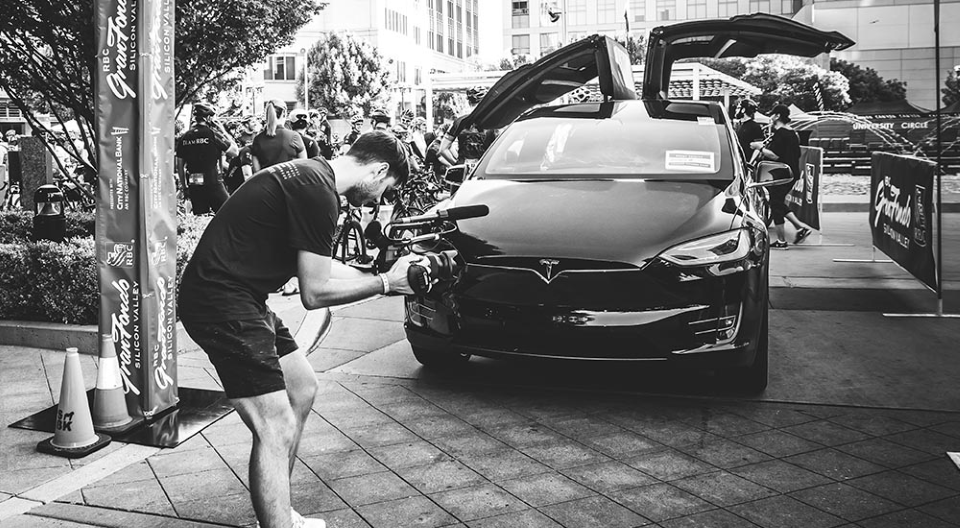 Tesla, a trailblazer in the electric car industry, was the lead vehicle for the neutralized roll-out at RBC GranFondo Silicon Valley.