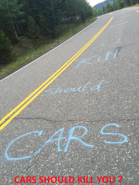 A participant in the Red Rocks Gran Fondo took this picture of anti-cyclist sentiment spray-painted on Brook Forest Road in Evergreen, Saturday, Aug. 13, 2016