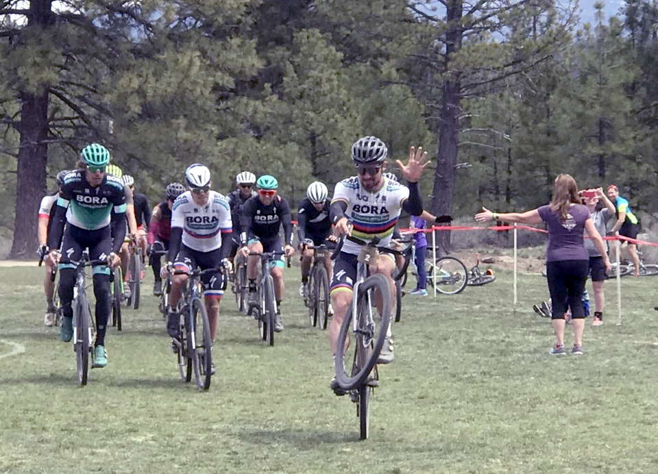 Sagan fresh from his Paris-Roubaix win, finished in a comfortable 48th place, and in true style did a huge wheelie over the finish line!