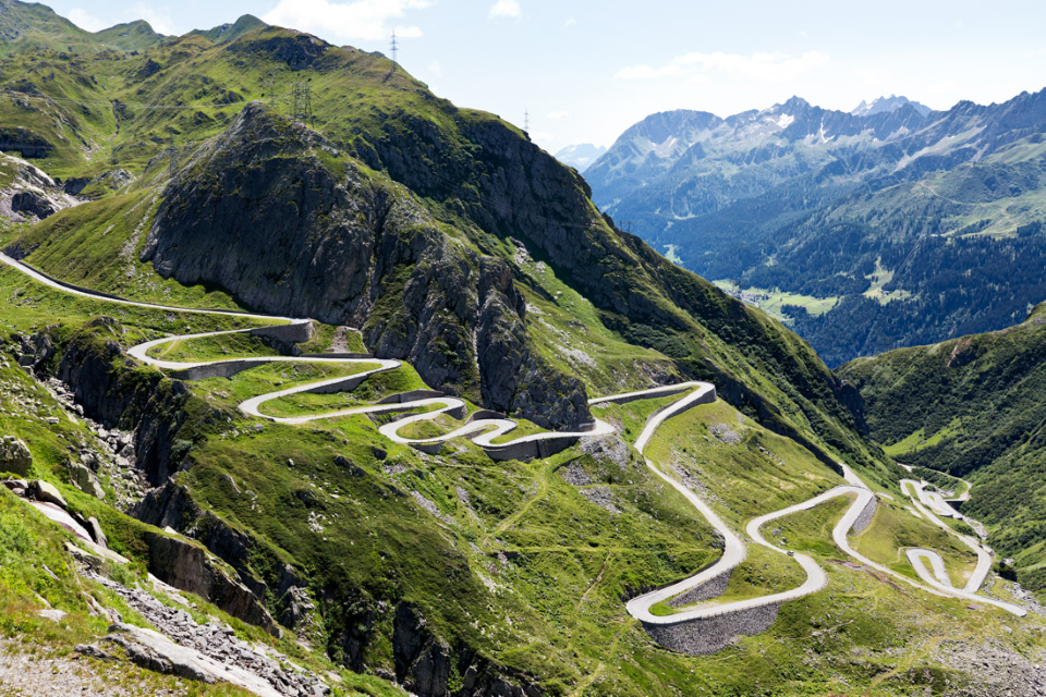 The cobbled switchback of St. Gotthard Pass
