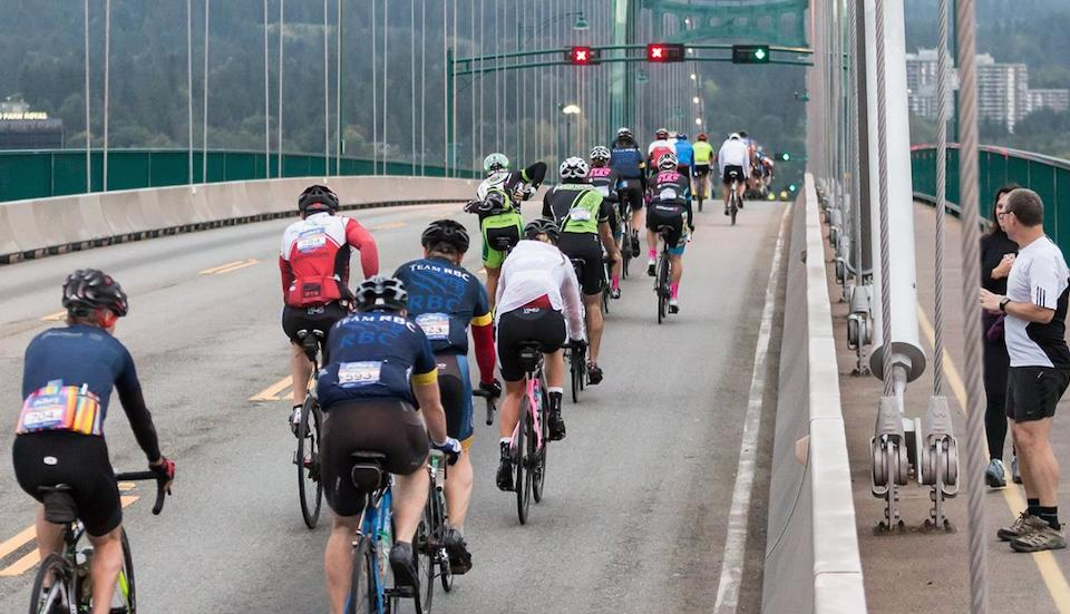 Cyclists on the Lions Gate Bridge during the closed-course Gran Fondo Race. (RBC Gran Fondo Whistler)