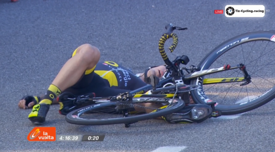 Ryan Anderson (Direct Energie) fell due to sheer exhausion, such was the pace in the last 6 kms